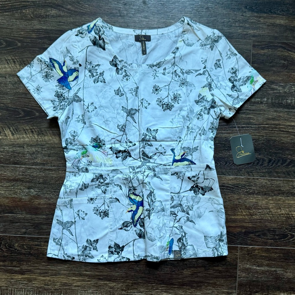 NWT JAANUU Hummingbird Floral Scrub Top S - Picture 2 of 6
